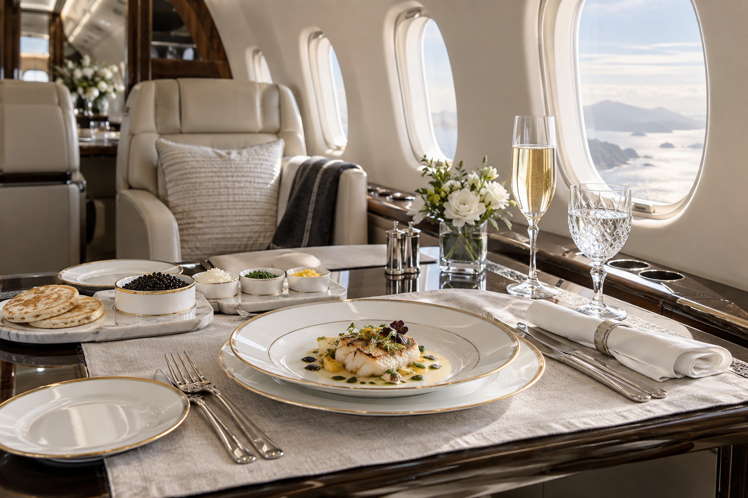 Fine dining prepared for a private flight