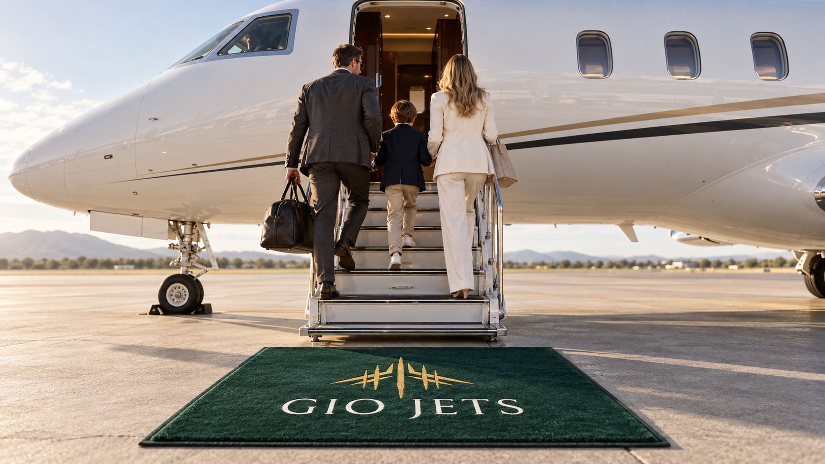 A family boarding a private jet above a royal green welcome mat bearing the Gio Jets logo