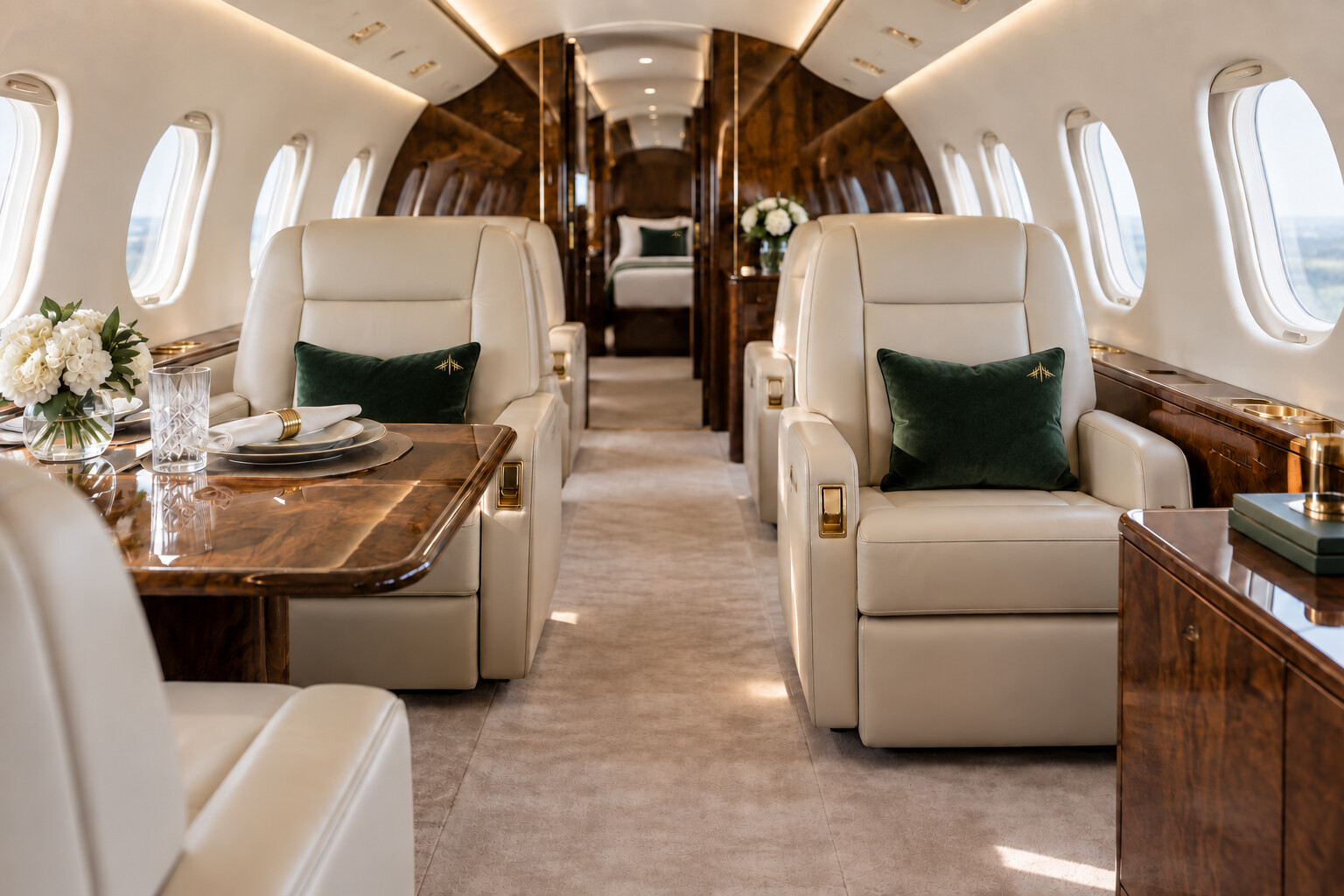 Luxury private jet cabin with cream leather seating and emerald pillows embroidered with the gold Gio Jets emblem