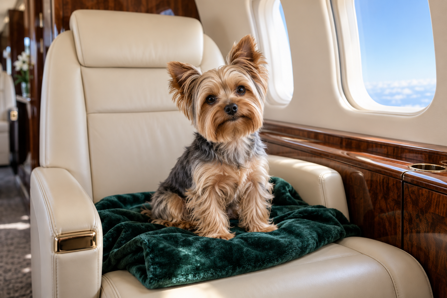 A Yorkshire terrier relaxing on a green blanket on a cream leather private jet seat